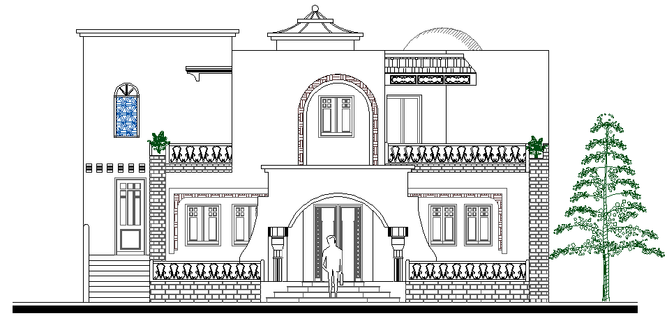 Front elevation view of modern design bungalow dwg file
