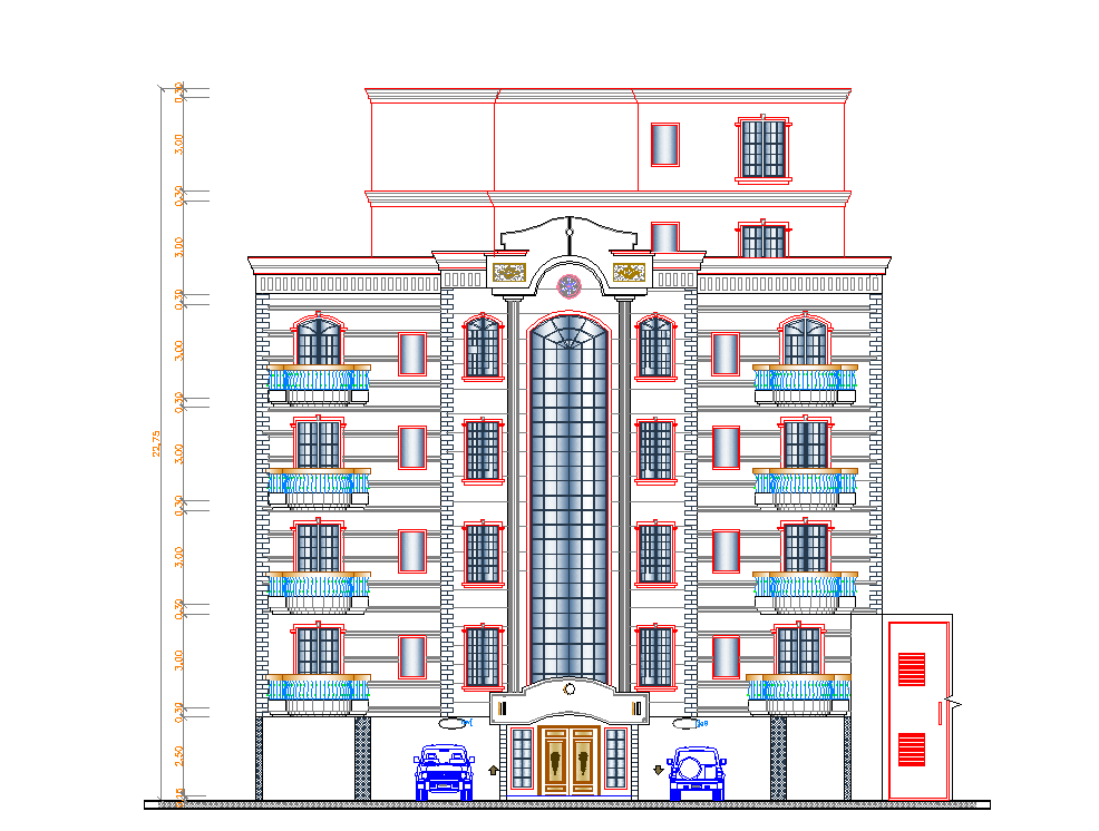 Front elevation view of multi-family apartment flats dwg file