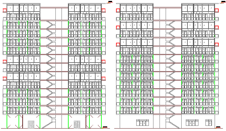 Front elevation view of multi-family housing building dwg file