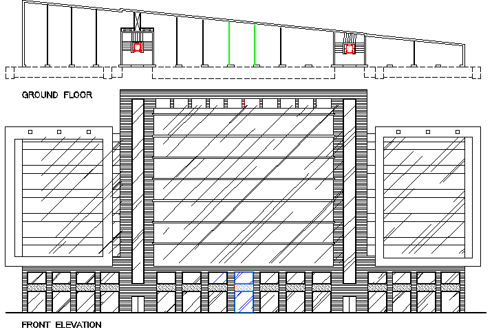 Front elevation view with ground floor plan of office building dwg file