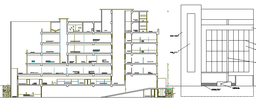 Front section and side elevation view details of bank building dwg file