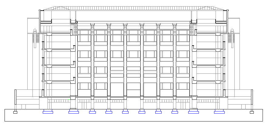 Front section view of corporate building design dwg file