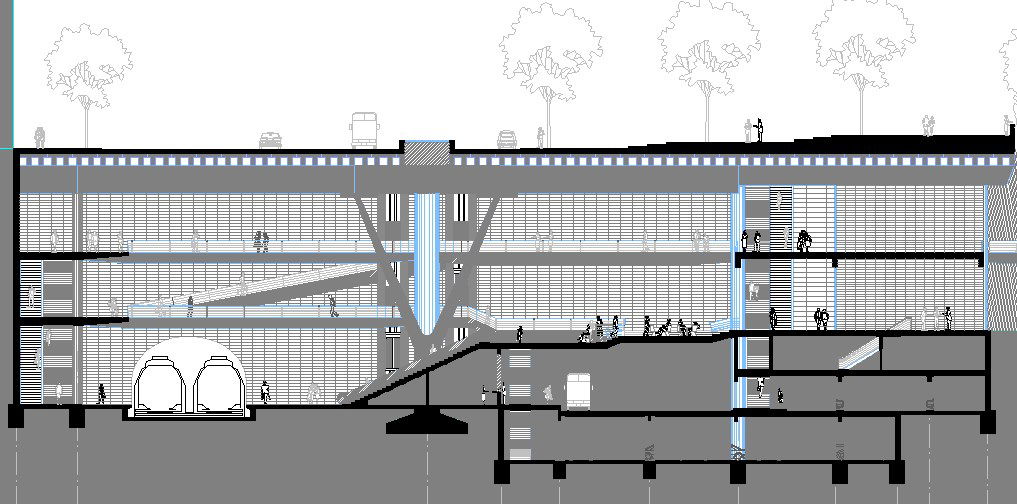 Front sectional details of shopping mall building dwg file