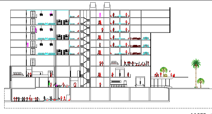 Front sectional view details of five star hotel dwg file