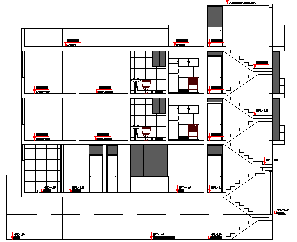 Front sectional view of multi-family residential building dwg file