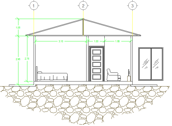Front sectional view of one family house dwg file
