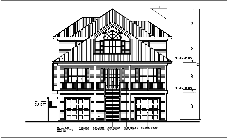 Front view of bungalows dwg file