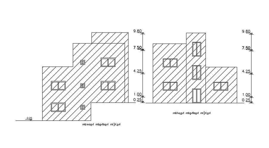 Front And Back Elevation Of 12x12 Meter House Building DWG File