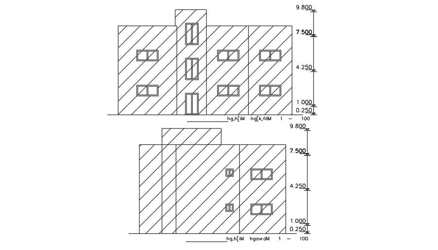 Front And Back Elevation Of 17x14 Meter House Building DWG File