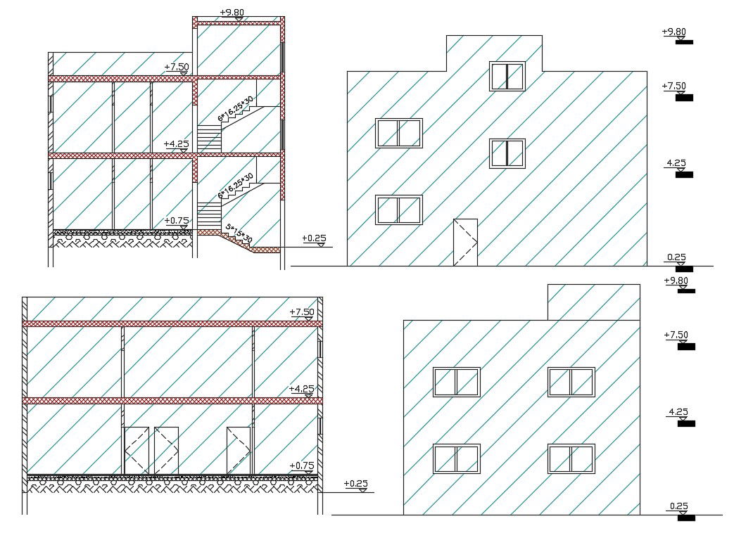 Front And Side View House Building Design DWG File