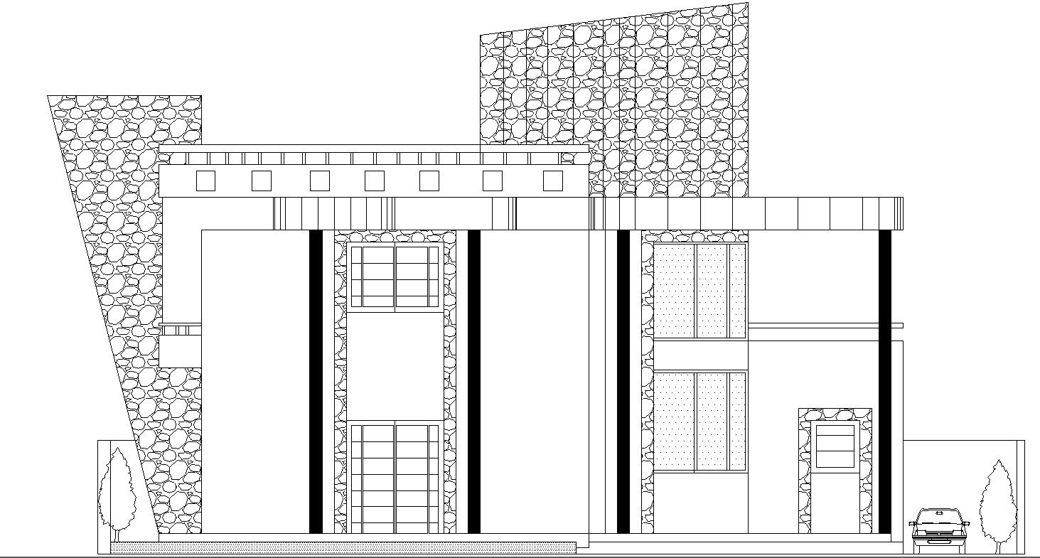 Front Elevation Of bungalow Architecture CAD 2D File.