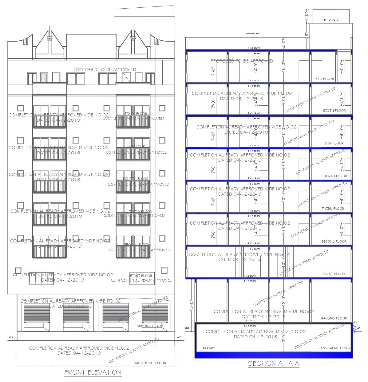 Front Elevation and Section Details for a Residential High-Rise Building In DWG File