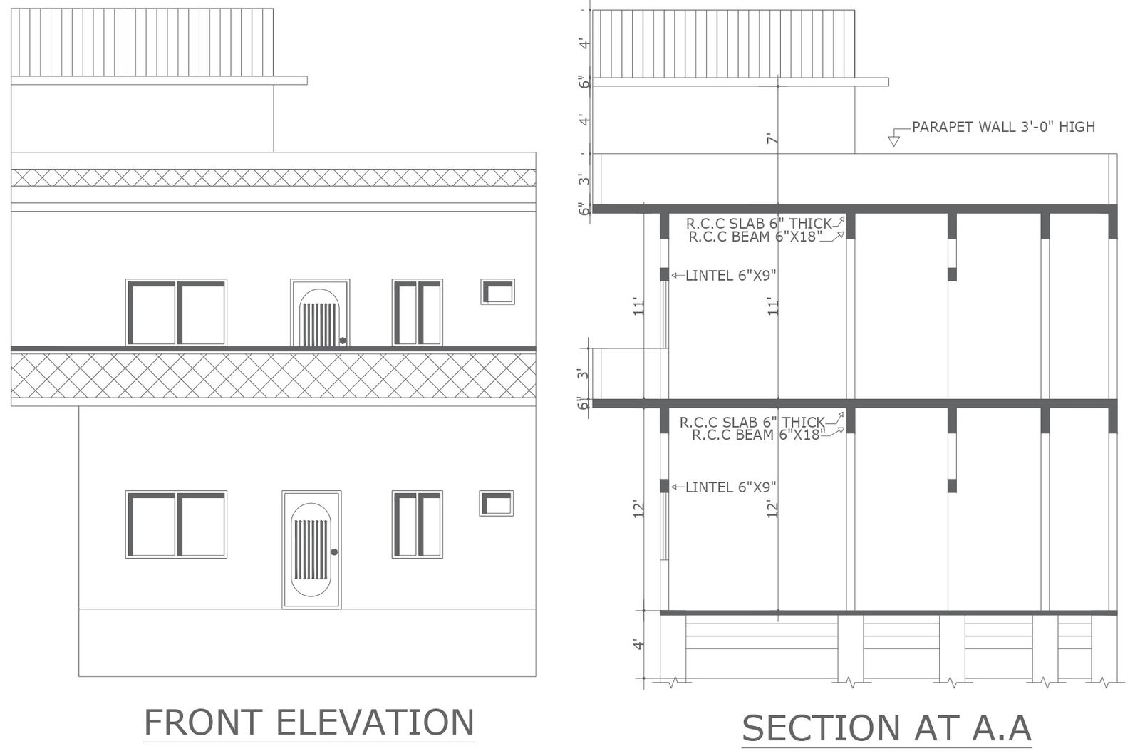 Front Elevation and Section of 2-Storey Residential Building in DWG File