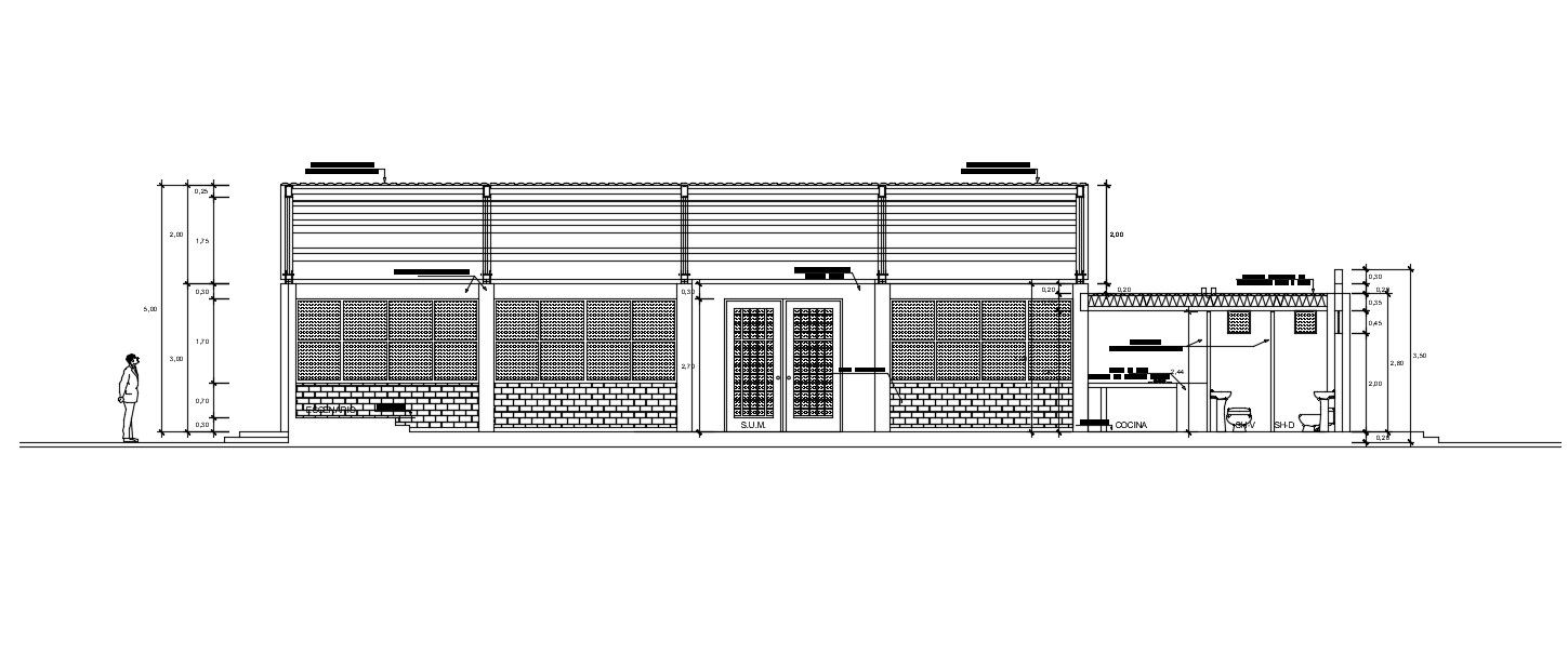 Front Elevation detail of house drawing separated in this AutoCAD file. Download this 2d AutoCAD drawing file.