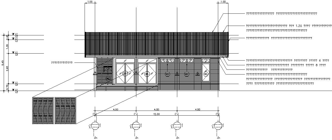 Front Elevation of a house with detail dimensions.