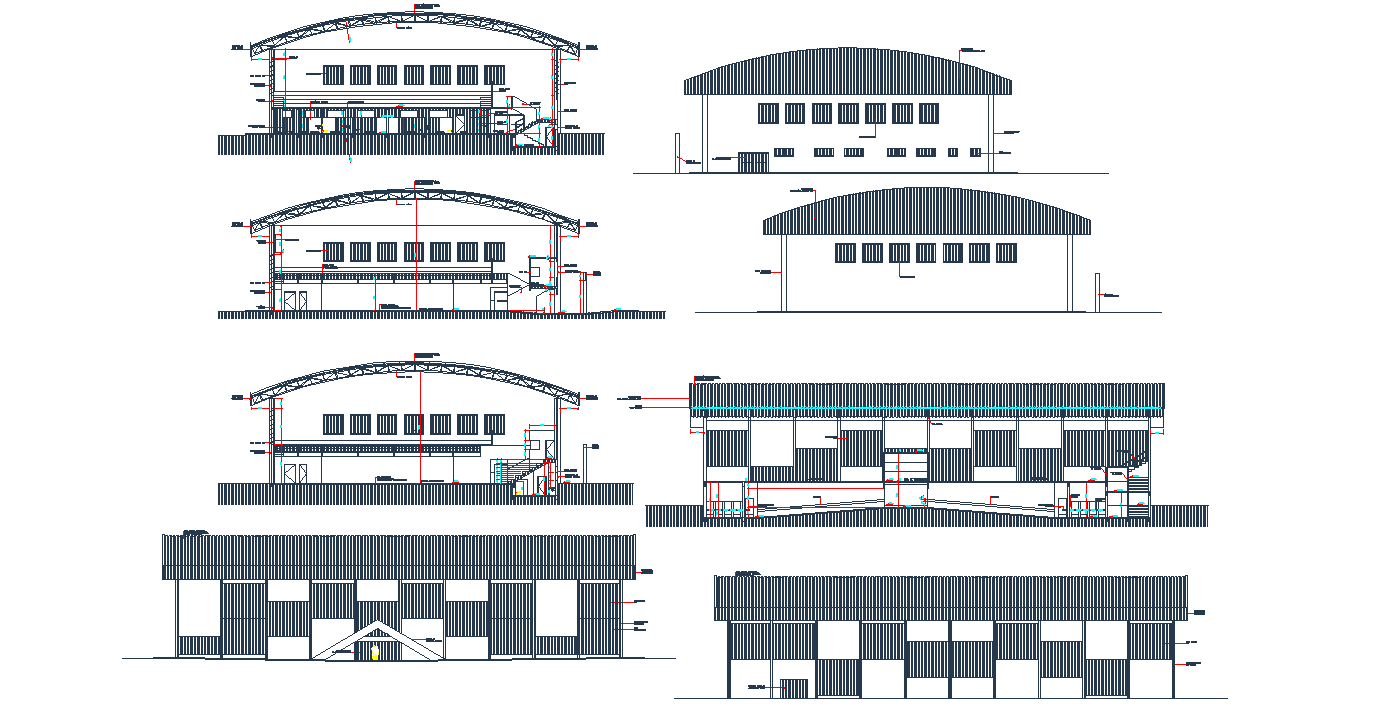 Front,Rear and Side Elevation and section design of the factory building.Download DWg file.