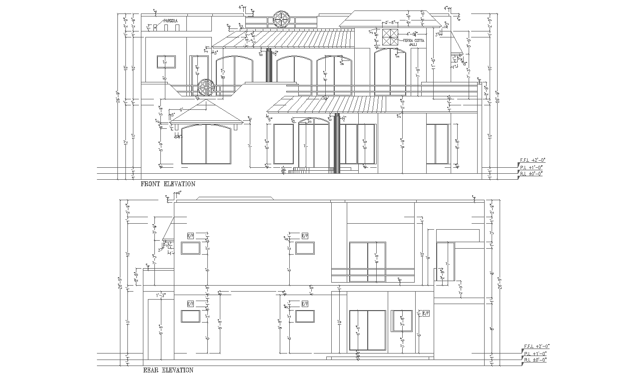 Front and Rear Elevation design of G+1 house,Download Autocad DWG file.