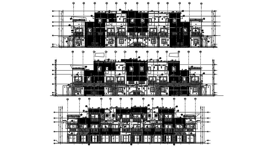 Front and back elevation of 3 story house building.
