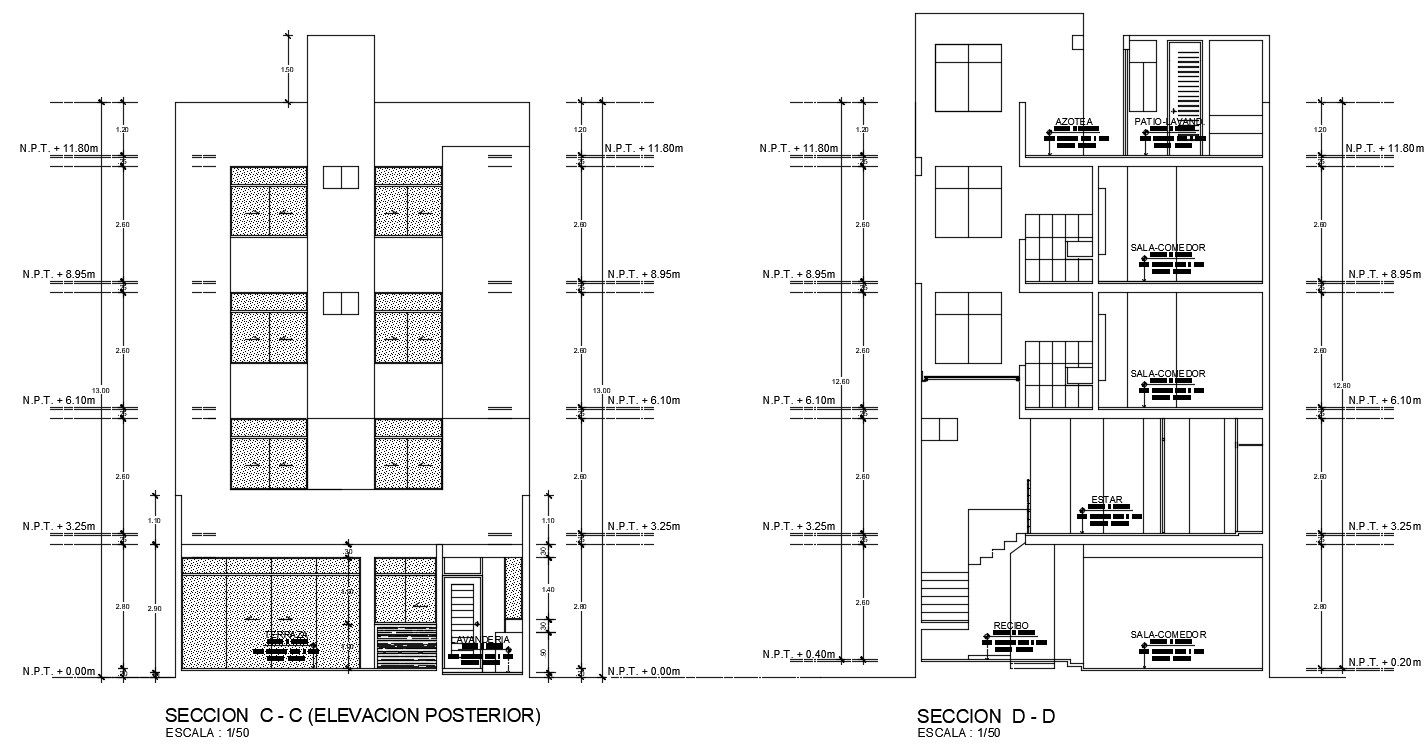 Front and back side section view of 8x21m house building is given in this 2D AutoCAD file. Download now.