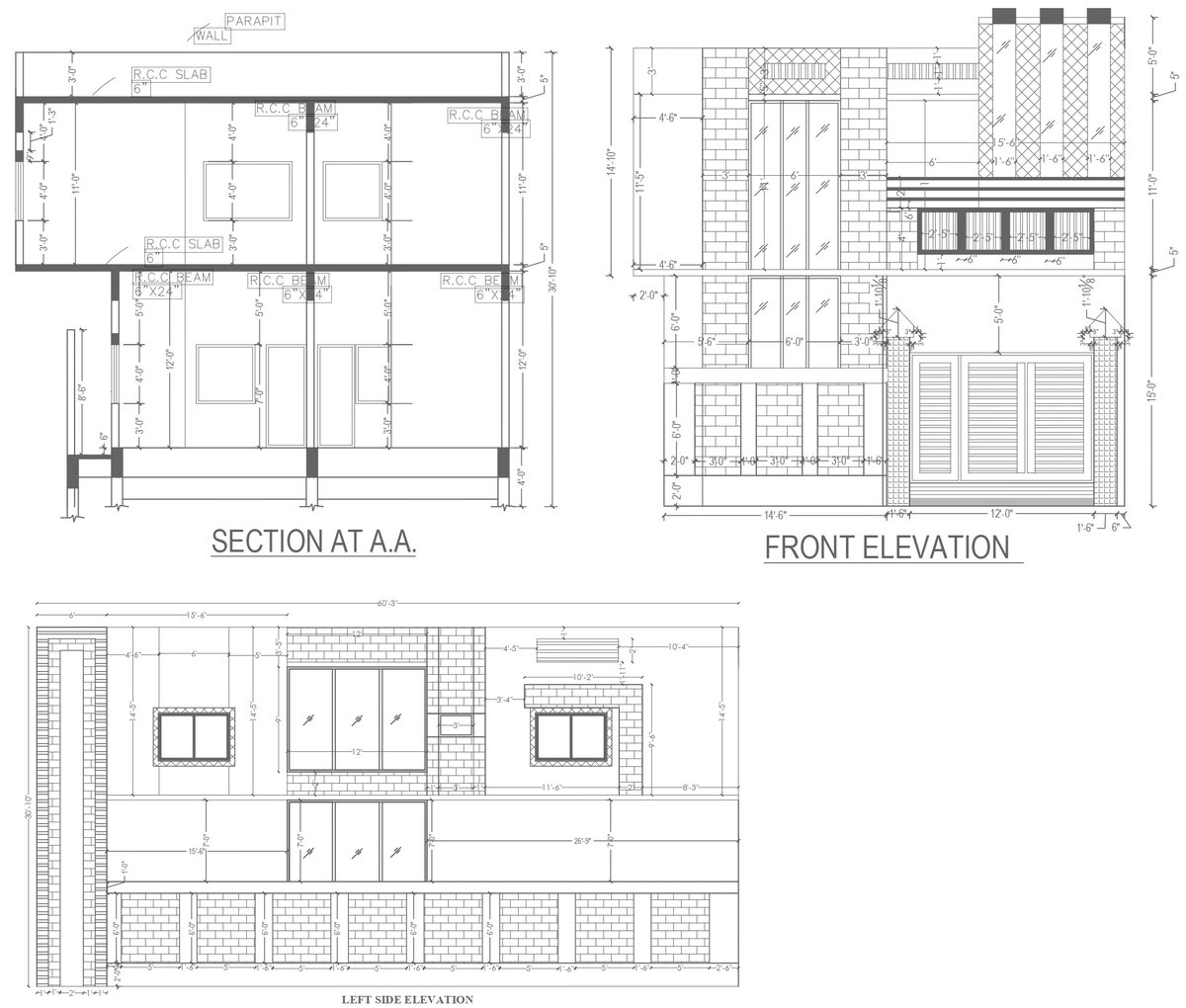 Front and left elevation of two storey house with door and window detail and section details of column and beams DWG AutoCAD drawing