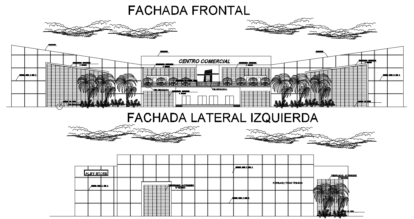 Front and left side facade of the shopping center building CAD drawing file. Download now.