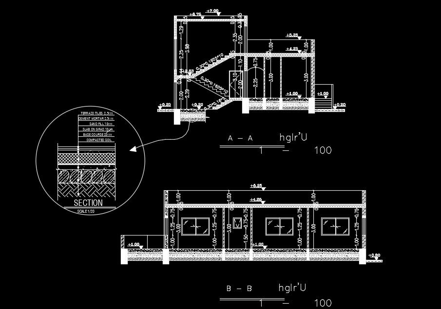 Front and left side section view of the 15x10m house building