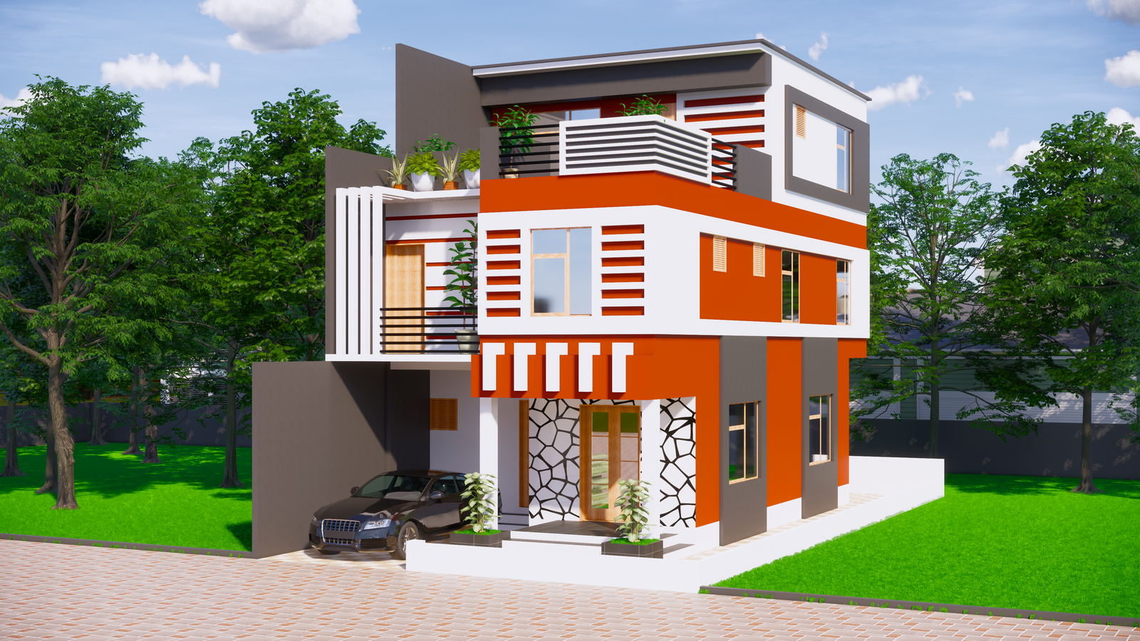 Front and Left Side 3D Views of Bungalow House in CAD Model