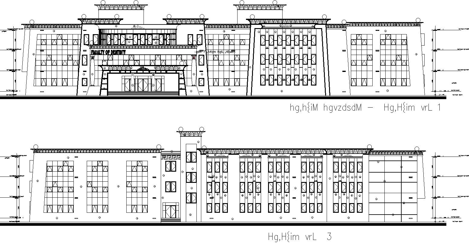 Front and rear elevation of a building.