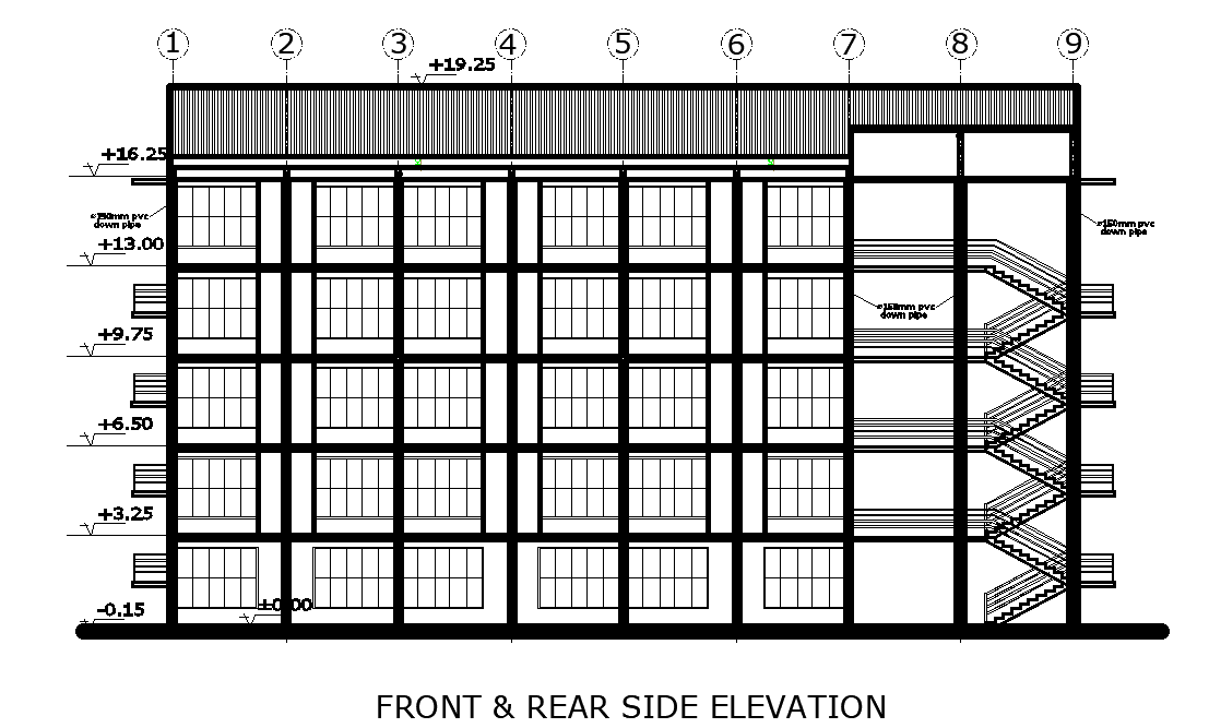 Front and rear elevation of the school building details is given in this 2D Autocad DWG drawing file.