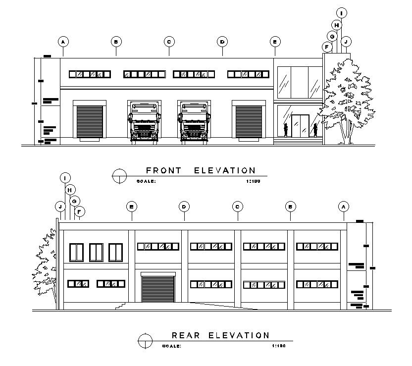 Front and rear side elevation of the Warehouse are given in this AutoCAD DWG drawing. Download the AutoCAD 2D DWG file.