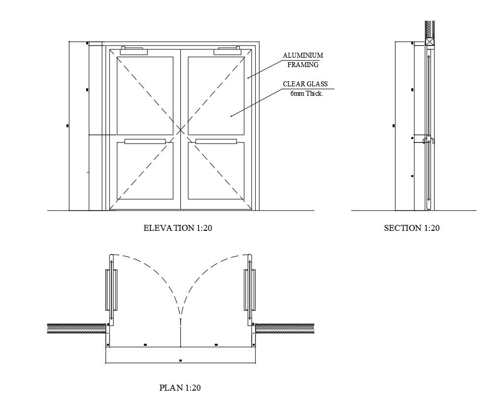 Front and side elevation of double door in AutoCAD, dwg file.