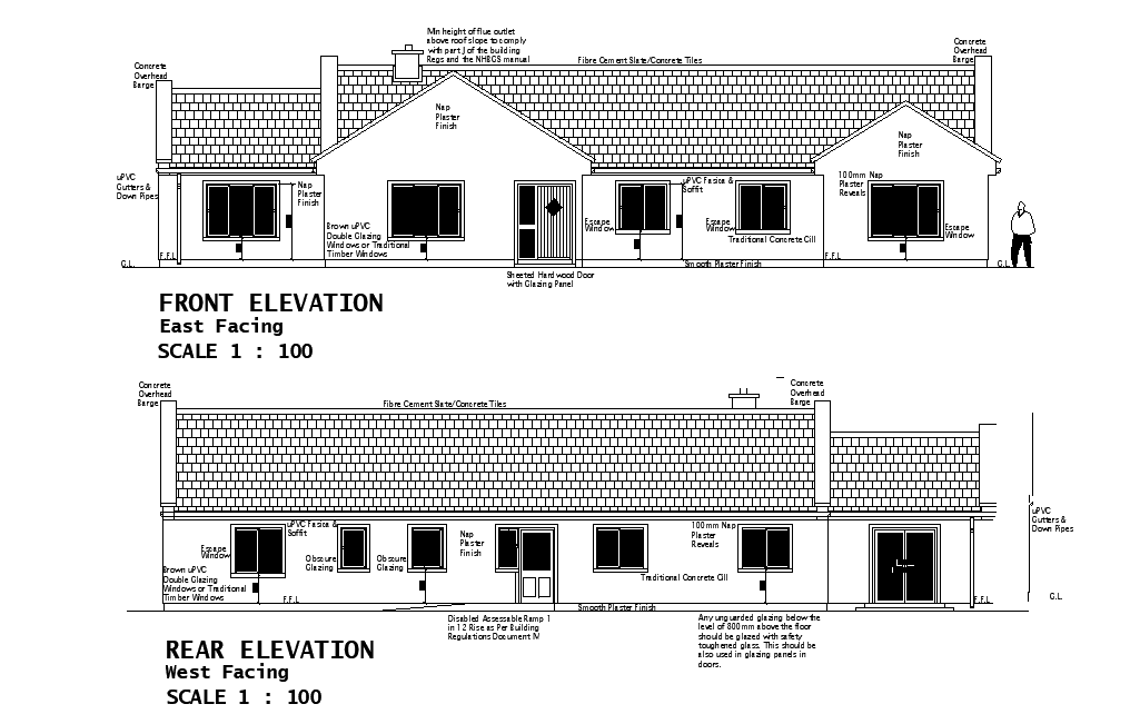 Front and side elevation of the house plan is given with east and west facing in the 2D Autocad DWG drawing file.
