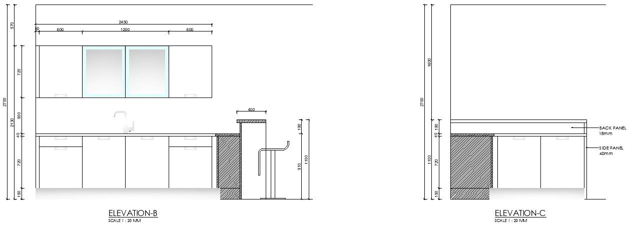 Front anf side elevation of a kitchen in AutoCAD, Dwg file.