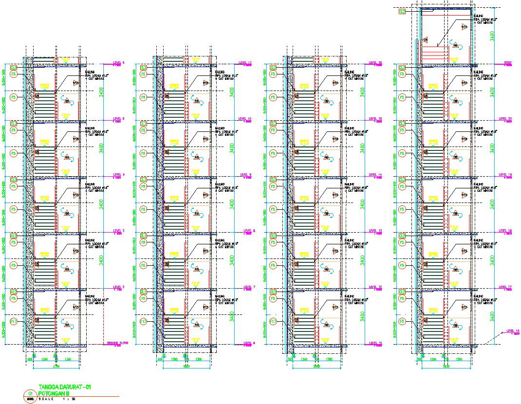 Front cut section of staircase of a building in AutoCAD, dwg file.