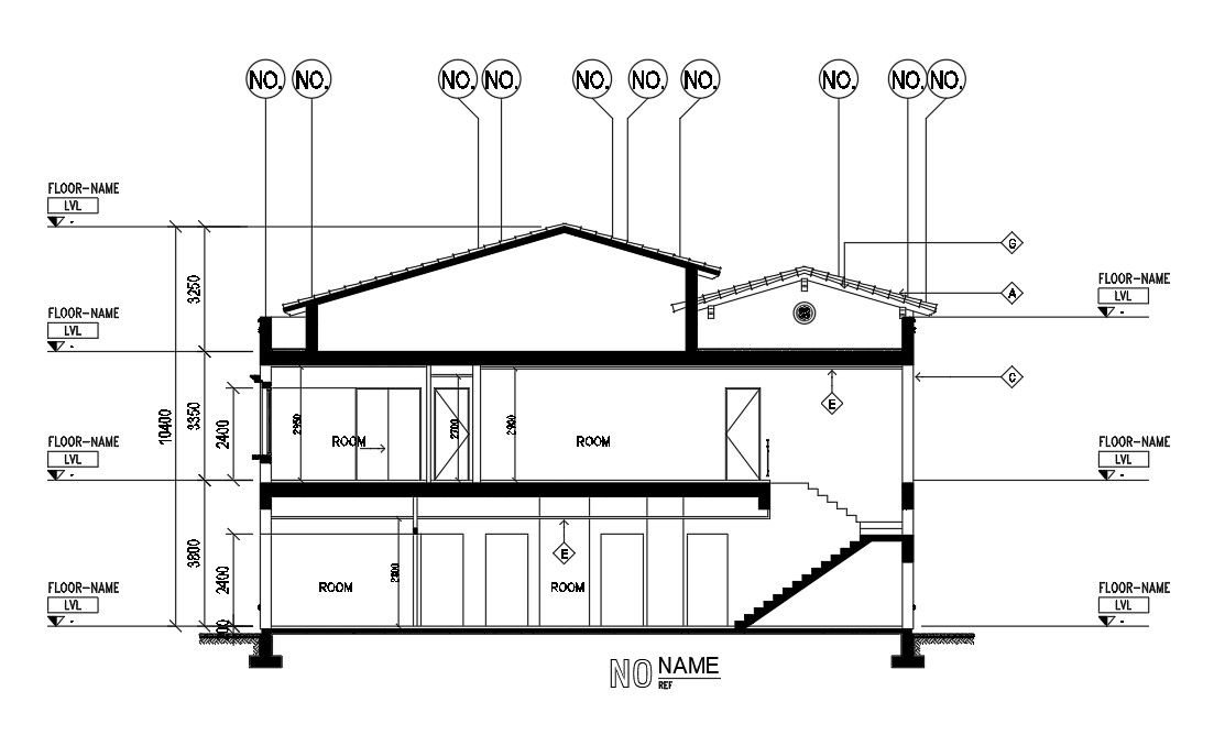 Front cut section view of 15X28m villa building is given in this Autocad drawing file. Download the Autocad model.