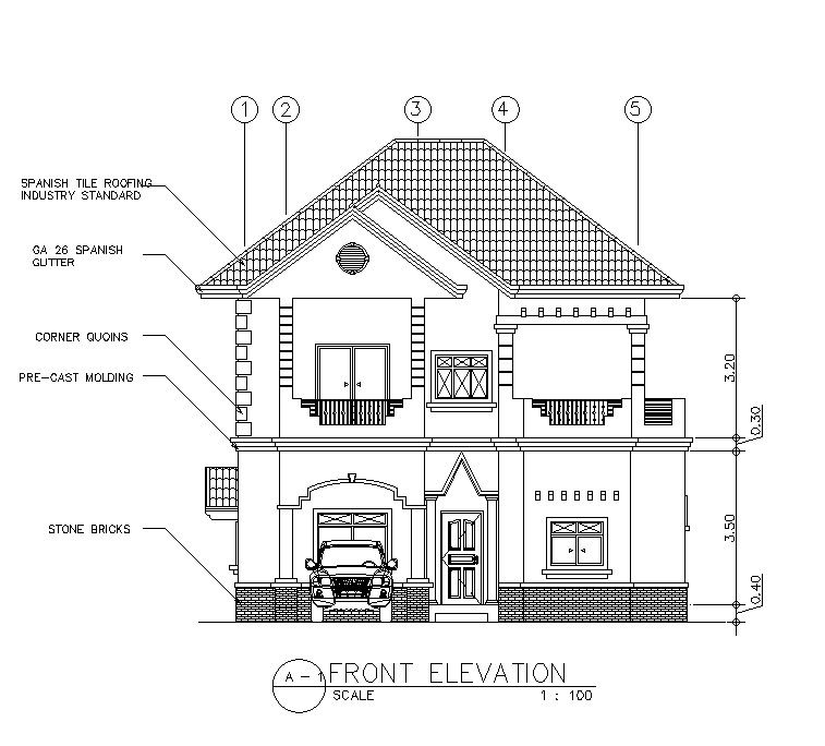 Front elevation and section details of the G+1 house AutoCAD DWG drawing file is provided. Download the AutoCAD 2D DWG file.