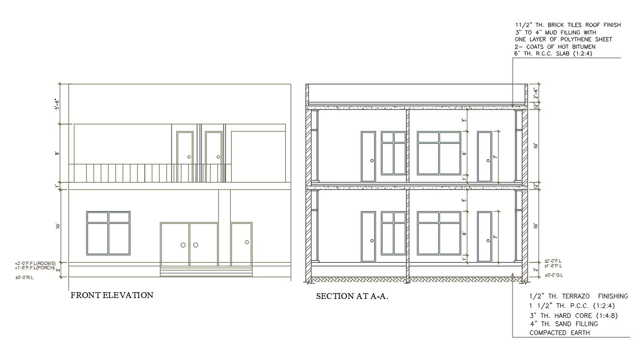 Front elevation and section plan AutoCAD drawing of 2 BHK G+1 House. Download the AutoCAD Drawing file.