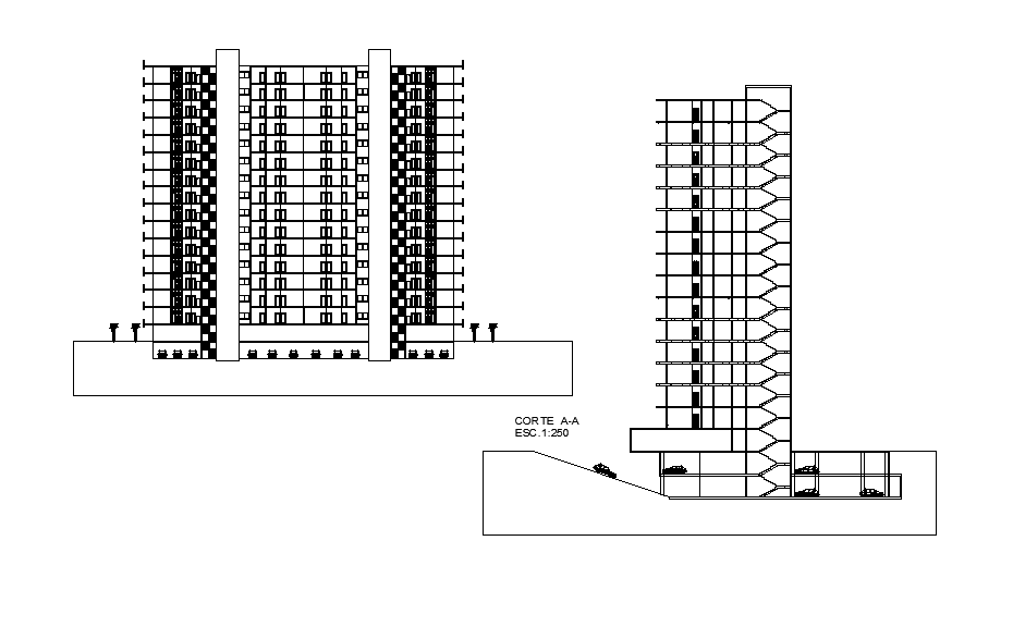 Front elevation and section view of Joint house plan of apartment building is given in this Autocad drawing file. Download now.