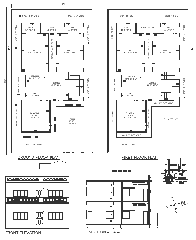 Front elevation design for 4 bedroom villa in city with section and other detail dwg autocad drawing .