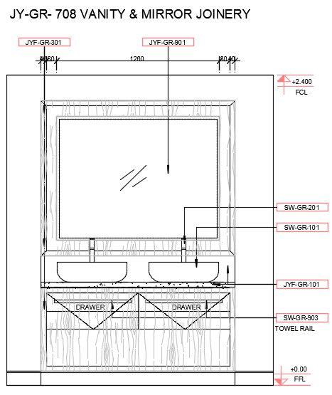 Front elevation detail of the bathroom washbasin area of the corporate area. Download the DWG file from our website.