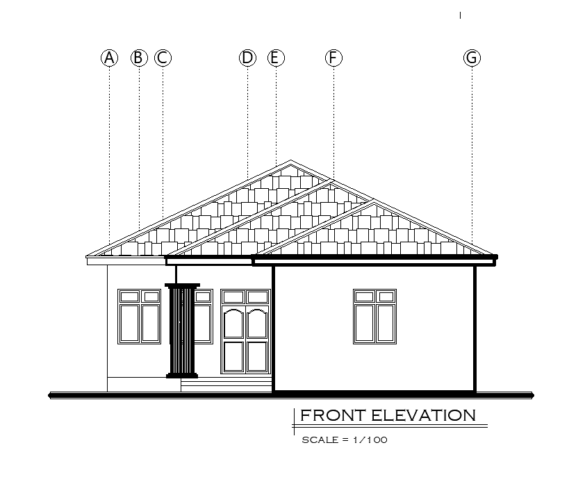 Front elevation of 11x15m house plan is given in this Autocad drawing file. Download Autocad file now.