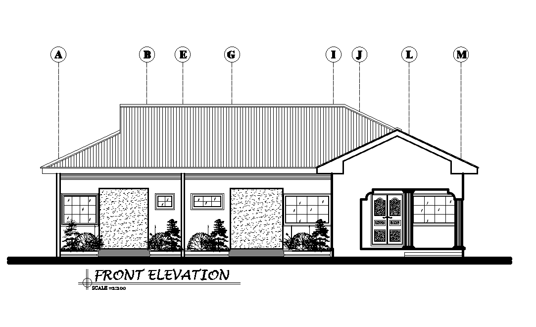 Front elevation of 17x14m ground floor house plan is given in this Autocad drawing file. Download now.
