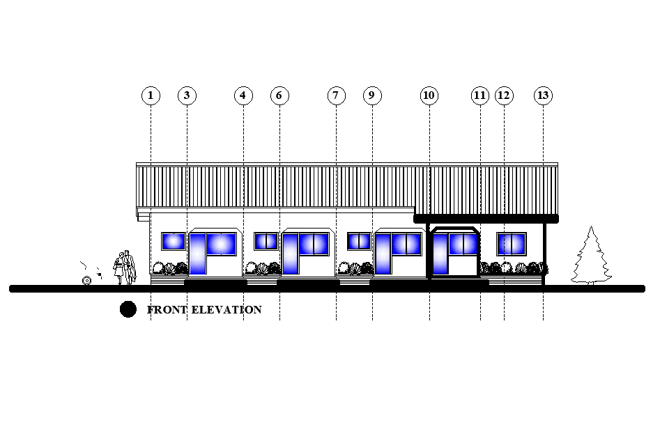 Front elevation of 19x10m house plan is given in this Autocad drawing file.Download now.