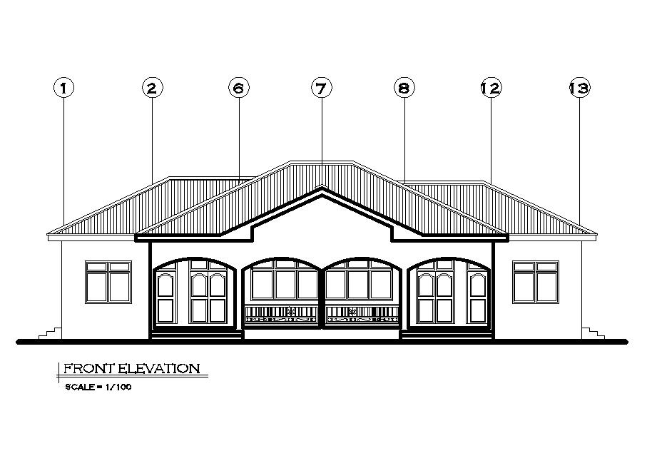 Front elevation of 20x11m twin house plan is given in this Autocad drawing file. Download now.