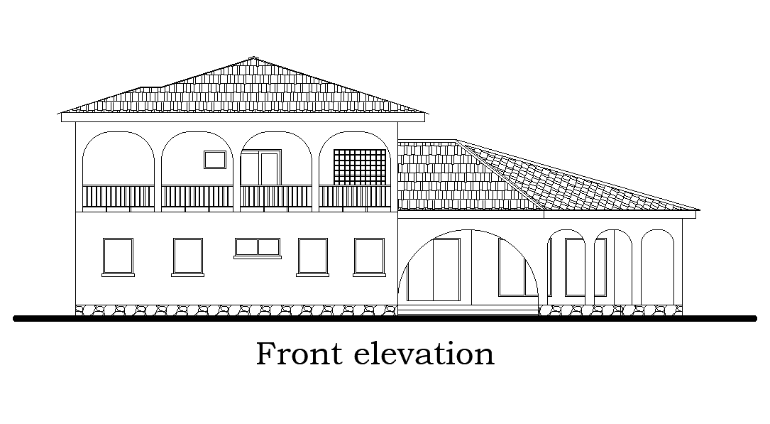 Front elevation of 25x27m house plan is given in this Autocad drawing file. Download now.