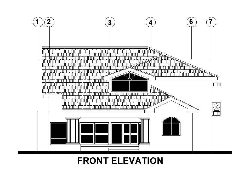 Front elevation of 54’x54’ floor house plan is given in this Autocad drawing file. Download now.