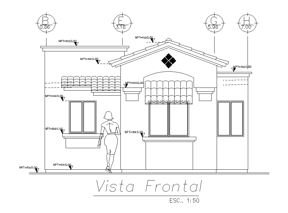 Front elevation of 7x17m house building is given in this AutoCAD drawing file.Download the Autocad model.
