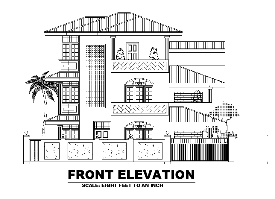 Front elevation of 8x14m house plan is given in this Autocad drawing file. Download now.