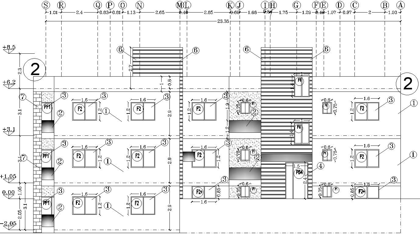 Front elevation of a apartment building in AutoCAD, dwg file.