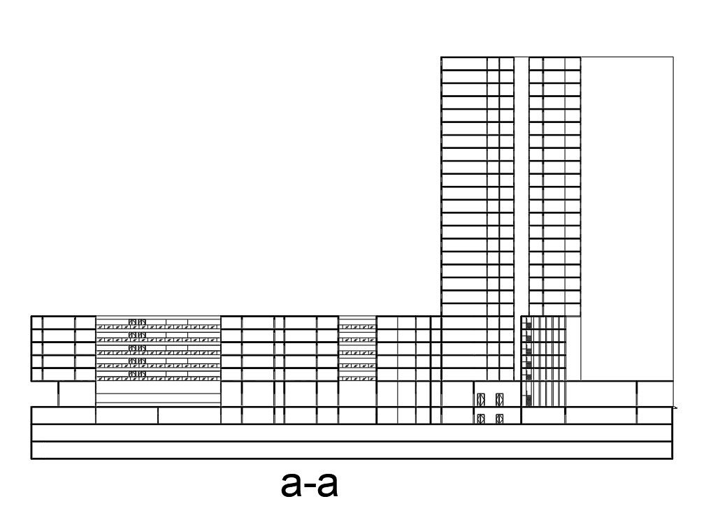 Front elevation of a commercial building in AutoCAD, Dwg file.
